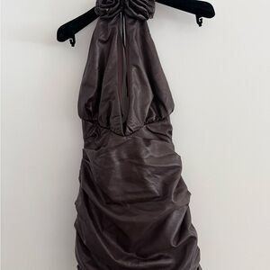 House of CB Brown Faux-Leather Halter Dress